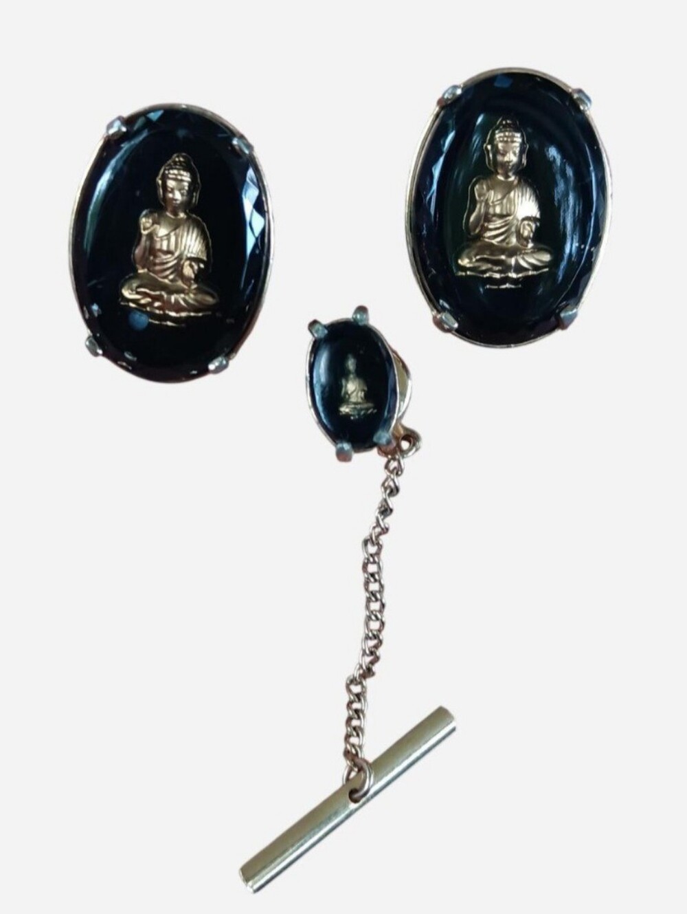 Vtg MCM SWANK Black Oval Buddha Cufflinks and Tie Tack Set